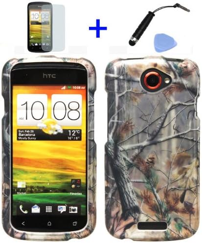 4 items Combo: Stylus Pen + Screen Protector Film + Case Opener + Pine Tree Leaves Camouflage Outdoor Hunting Design Rubberized Snap on Hard Shell Cover Faceplate Skin Phone Case for (T-Mobile HTC One S)