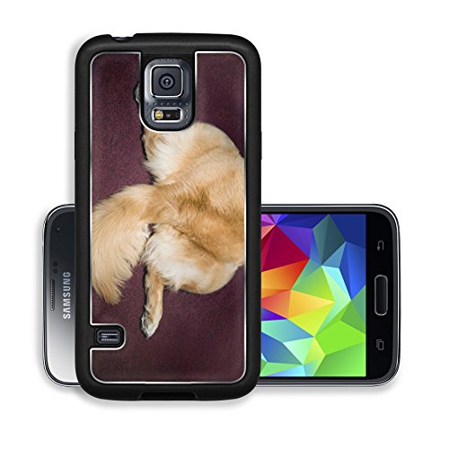 Luxlady Premium Samsung Galaxy S5 Aluminium Snap Case A golden retriever rests flat on red carpet IMAGE ID 3820974