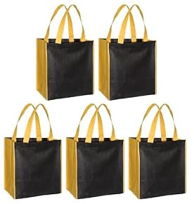 Reusable Grocery Tote Bags 5 Pack Combo, Black w/ Gold Contrast Trim