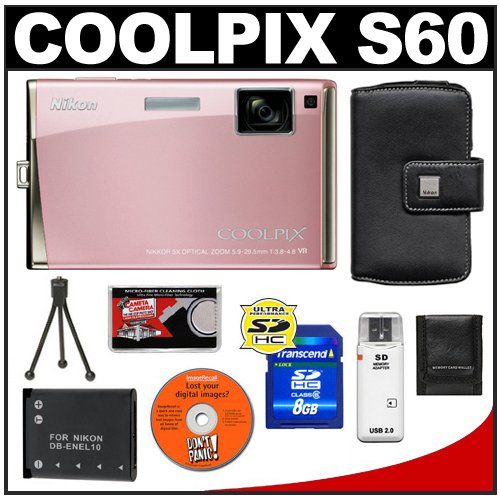 Nikon Coolpix S60 10 Megapixel Digital Camera (Champagne Pink) with 5x Optical Zoom + EN-EL10 Battery + 8GB Card + Leather Case + Accessory Kit