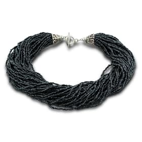 Italian Styled Black Glass Seed 39 Strand Necklace with Balinese Toggle Clasp