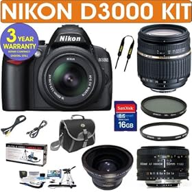 NIKON D3000 Digital SLR Camera + Tamron AF 18-250mm Zoom Lens + .43x Wide Angle Lens + Nikon 50mm 1.8 Lens + 3 Year Celltime Warranty