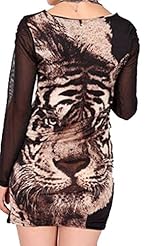 Sexy Long Sleeves Spring Summer Tiger Print Lace Above the Knee Mini Dress 