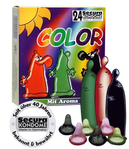 Orion 415448 Secura Color, farbige Kondome mit Aroma: Grün (Pfefferminz), Rot (Erdbeere), Schwarz (Schoko), gesamt 24 Stück