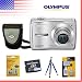 Olympus FE-310 compact digital camera featuring 8 megapixels and 5x optical zoom. Also includes Digital Camera Case, Screen Protectors, 1GB XD Memory Card, Compact Pocket Tripod, 3-in-1 Deluxe Cleaning Kit, USB Cable, Audio/Video Cable, Manual, Wrist Strap, AA Batteries (2), OLYMPUS MasterTM 2 Software CD-ROM, Warranty Card.