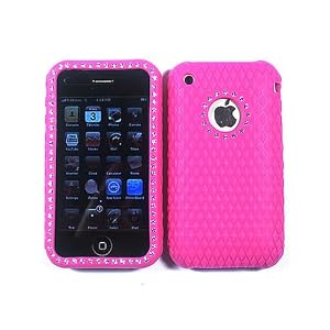 Hot Pink Bling Rhinestone Faceplate Diamond Crystal Silicone Rubber Case Cover for iPhone 3G 3GS