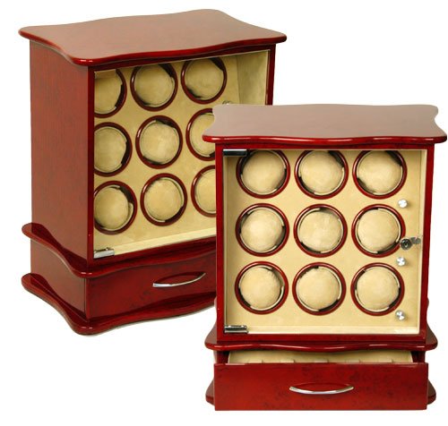 Burgundy Wood Finish 9 Watch Winder With 6 Additional Watch Storage Spaces 9 Turntable With 4 Program Settings.