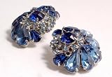 Image of Ladies vintage clip on Rhinestone earrings in two blue floral design 12062