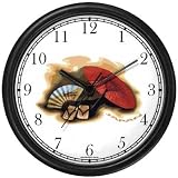 Icons of Japan: Parasol, Flip Flaps (Zori), Fan - Japan or Japanese Theme Wall Clock by WatchBuddy Timepieces (Black Frame)
