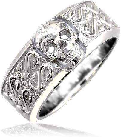 Mens or Ladies Wide Skull Ring, Wedding Band with S Pattern, 9mm in 10k White Gold - size 8