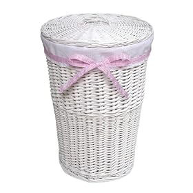 Badger Basket White Round Rattan Hamper w/ White Waffle Liner & Four Ribbons