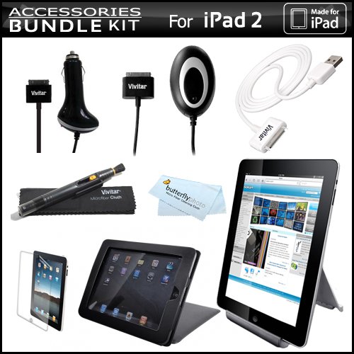 Vivitar iPad 2 Accessories Bundle Kit For Apple iPad 2 2nd Generation 16GB 32GB 64GB 3G Wifi Includes Folding Case with Stand + Home Charger + Car Charger + Power Dock + Screen Protector + Sync Cable + Lens Pen Cleaning System + MicroFiber Cloth
