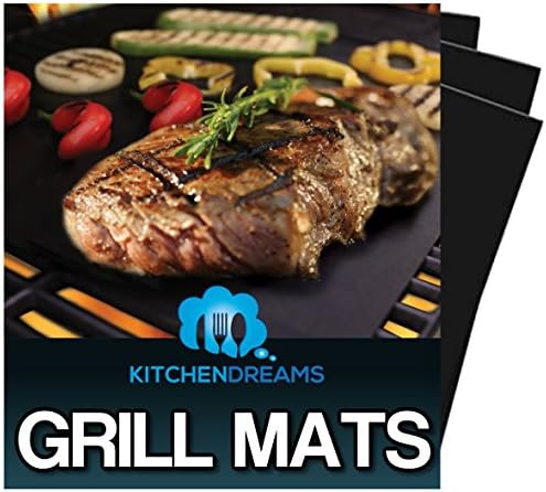 KitchenDreams BBQ Grill Mat (Set of 3) - 16 x 13 inch - Best Non-Stick Heavy Duty Cooking Mats for Grilling &amp; Baking - Use on Gas, Electric &amp; Charcoal Grills - BBQ Ebook Included!