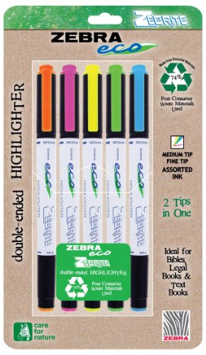 Zebra - Eco Zebrite Double-Ended Highlighters, Chisel/Fine Point, BE,GN,PK,OE,YW, 5/PK
