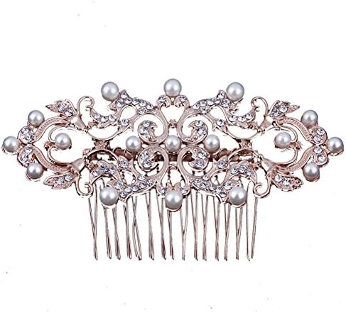 Cute Art Deco Bridal Hair Comb Rose Gold Tone Clear Austrian Crystal and Pearls