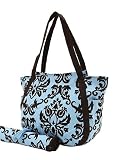 Belvah Damask Turquoise and Brown Canvas Round Diaper Tote Bag with Matching Changing Pad