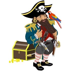 sticker pirate barbu au coffre fort, revolver et perroquet - 50 cm x 66 cm