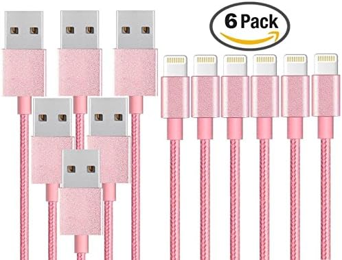 iPhone Charger 6 Pack 3FT Sync &amp; Charge Nylon Breided Lightning Cable for iPhone 7/7 Plus 6S Plus 6 Plus SE 5S 5C 5, iPad 2 3 4 Mini Air Pro, iPod - Rose Gold