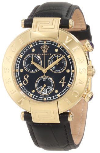 Versace Women's 68C70D009 S009 Reve Chrono Yellow Gold IP Case Black Matte Dial Sapphire Crystal Chronograph Date Black Leather Watch