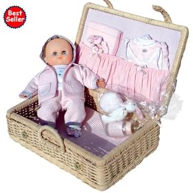 Click here to buy Soft bodied bald baby doll with blue sleeping eyes, deluxe gift set!.
