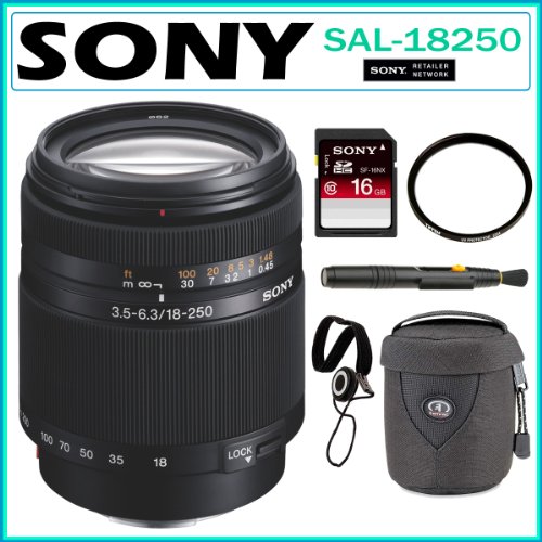 Sony DSLR SAL18250 Alpha DT 18-250MM F/3.5-6.3 Zoom Lens + Sony 16GB SDHC Class 10 + Tiffen 62mm UV Filter + Lens Pen + Tamrac Case + Lens Cap Keeper