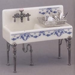 Reutter Porcelain Miniature Kitchen Sink with Blue Flowers