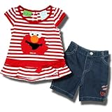 Sesame Street - Elmo 2 piece Red and White Striped Top with Denim Shorts for Infant Girls - 12 Months