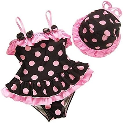 Baby Kids Girl Polka Dot Bow One-piece Swimsuits and Hat 2pc (4T, Pink&amp;Brown)
