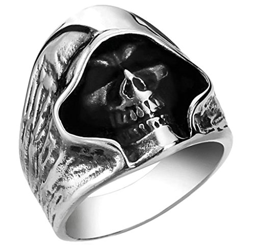 Bishilin Men's Large Stainless Steel Ring Silver Black Death Grim Reaper Skull Punk Rock Size 12