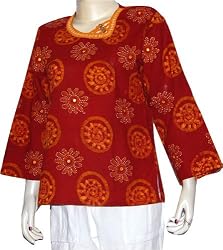 Womens Clothing - Long Sleeve Cotton Top Blouse Block Print Hand Embroidery Size M (tsht054)
