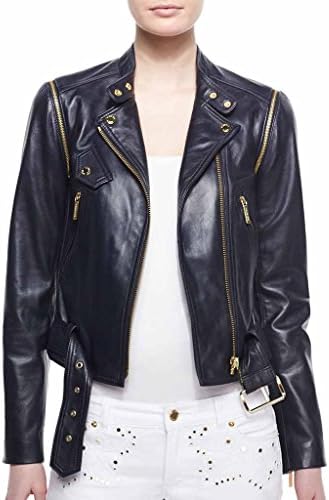 Leatherexotica Womens Belted Waist Women Geniune Leather Tailored otorcycle Jacket Size: M Black