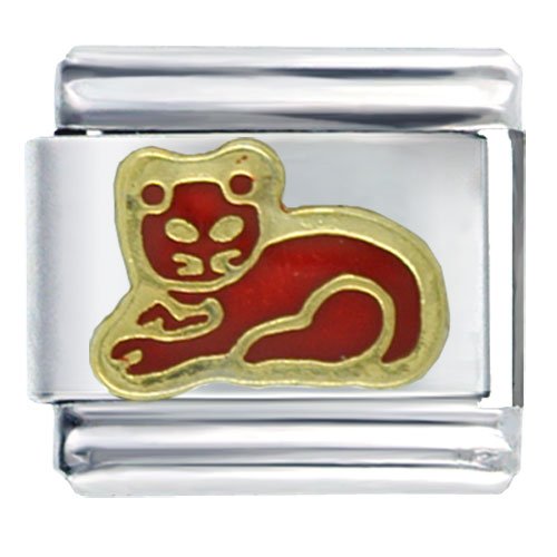 Golden Italian Charm Bracelet Cat Red Birthstones Jewelry
