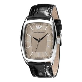 Emporio Armani Gents Rectangular Rounded Case Silver Dial Black Leather Strap Watch