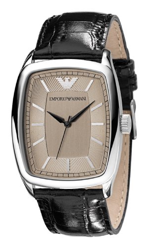 Image of Emporio Armani Gents Rectangular Rounded Case Silver Dial Black Leather Strap Watch