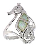 Sterling Silver, Synthetic Opal Inlay Seahorse Ring, w/ Brilliant Cut CZ Stone, 1 1/16 (27 mm) wide