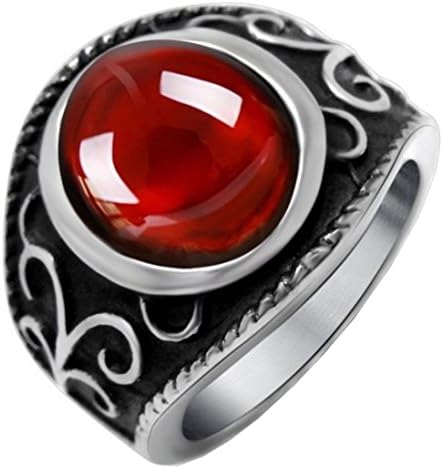 SA704 Men Women's Classic Magic Demon Garnet Red Gemstone Gem Stainless Steel Ring,Red Silver