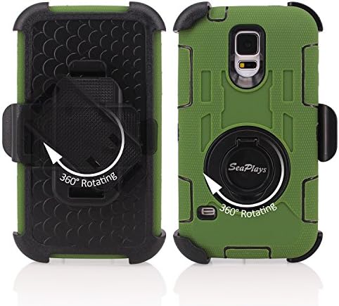Galaxy S5 Case, S5 Case, Seaplays Shockproof Hybrid Rugged Samsung Galaxy S5 Case Rubber Three Layer Holster Cover Case for Samsung Galaxy S5 with Built-in Rotating Stand and Belt Swivel Clip (Army Green)