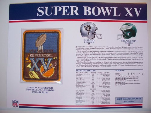 1980 Oakland Raides vs Philadelphia Eagles NFL Super Bowl 15 (XV) 1981 Jim Plunkett MVP Willabee Ward Patch and Stat Panel Card