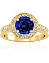 14K Yellow Gold Round Cut Blue Sapphire Ring With Sidestones