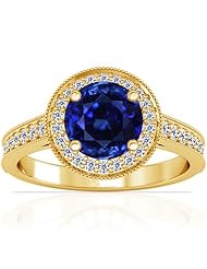 18K Yellow Gold Round Cut Blue Sapphire Ring With Sidestones