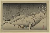 Poster Print of Artwork showing people walking in the snow, one leading a horse, past a hillside with snow-covered trees and several small shrines, low buildings on the left