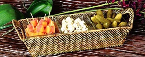 Calaisio Hand Woven Rectangular Divided Tray W/ Handles & 3 Square Glass Inserts