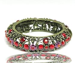 Retro Vintage Filigree Ruby Red Crystal Hinged Bangle Bracelet
