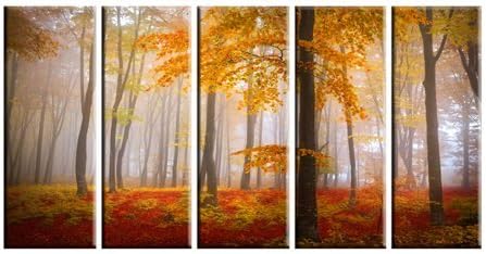 Autumn Forest Print on Canvas, Forest Wall Art, Forest Painting, Tree Paintings on Canvas, framed 5 Panel Canvas Print
