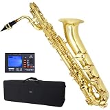Cecilio BS-380 Baritone Saxophone with Gold Lacquered Body and Keys w/ Case & Chromatic Tuner with Metronome