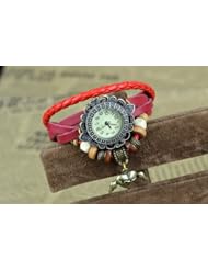 KANO BAK(TM) Retro Bronze Women Ladies Weave Wrap Love Heart Angel wing Leather Bracelet Bangle Quartz Gift Watch Red