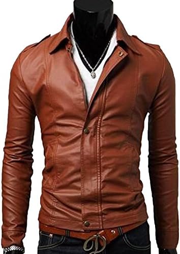 Diorot Men's Simple Lapel Zipper Button-Front Faux Leather Jacket Brown