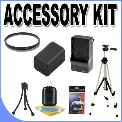 FH100 Lithium Ion Replacement Battery/Charger & Tripod 37mm UV Filter BigVALUEInc Accessory Saver Bundle f/ Sony Camcorders