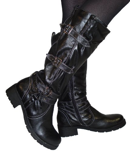 Ladies Adjustable Calf Wide Fit Biker Boots Black Size 8