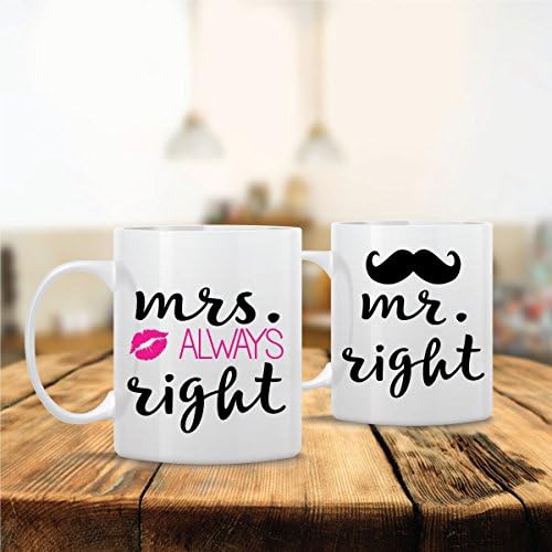 Two Ceramic Coffee Mugs - Mr Right &amp; Mrs Always Right Mustache - Dishwasher Safe - Cute Coffee Mugs- Funny Coffee Mugs - Custom ** PROUDLY MADE IN THE USA